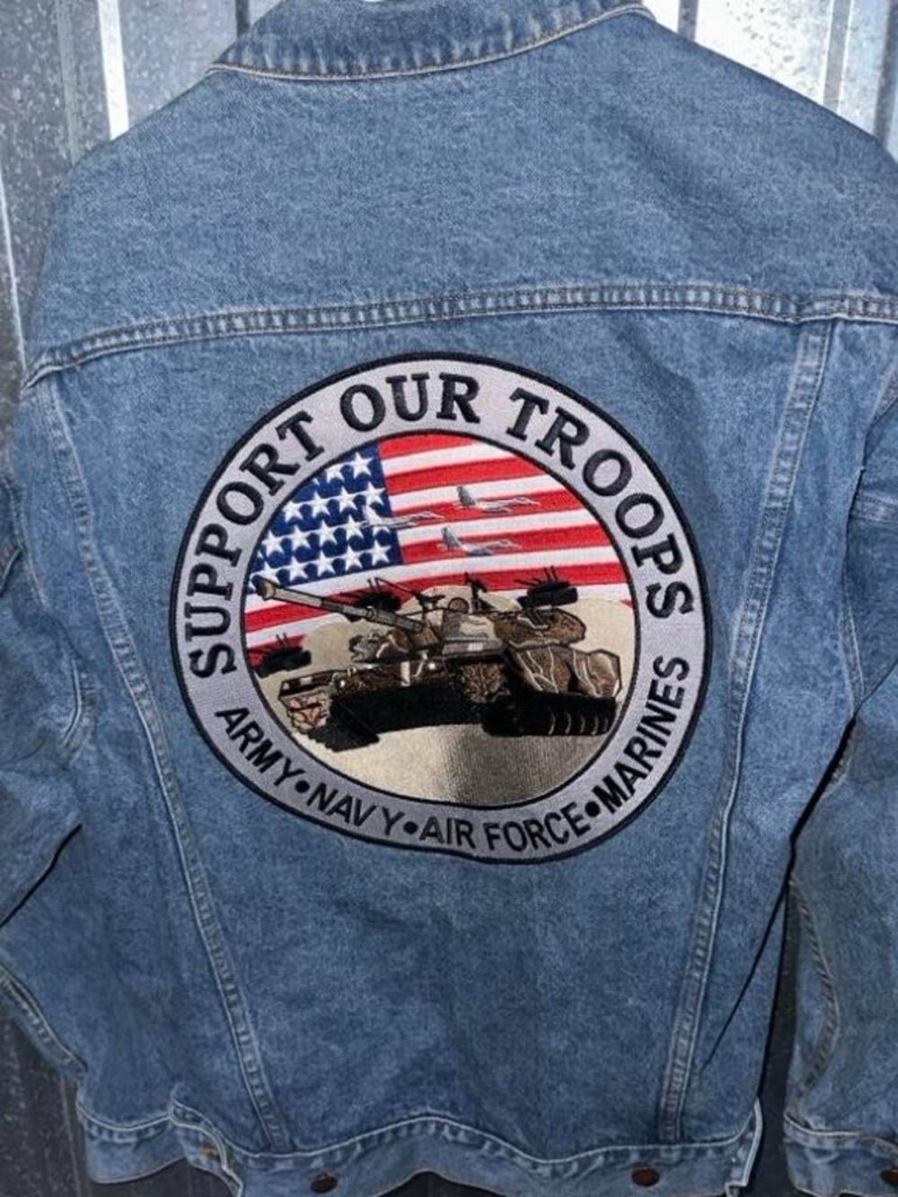 Haleman denim jacket with patches and embroidered 'SUPPORT OUR TROOPS' graphic L